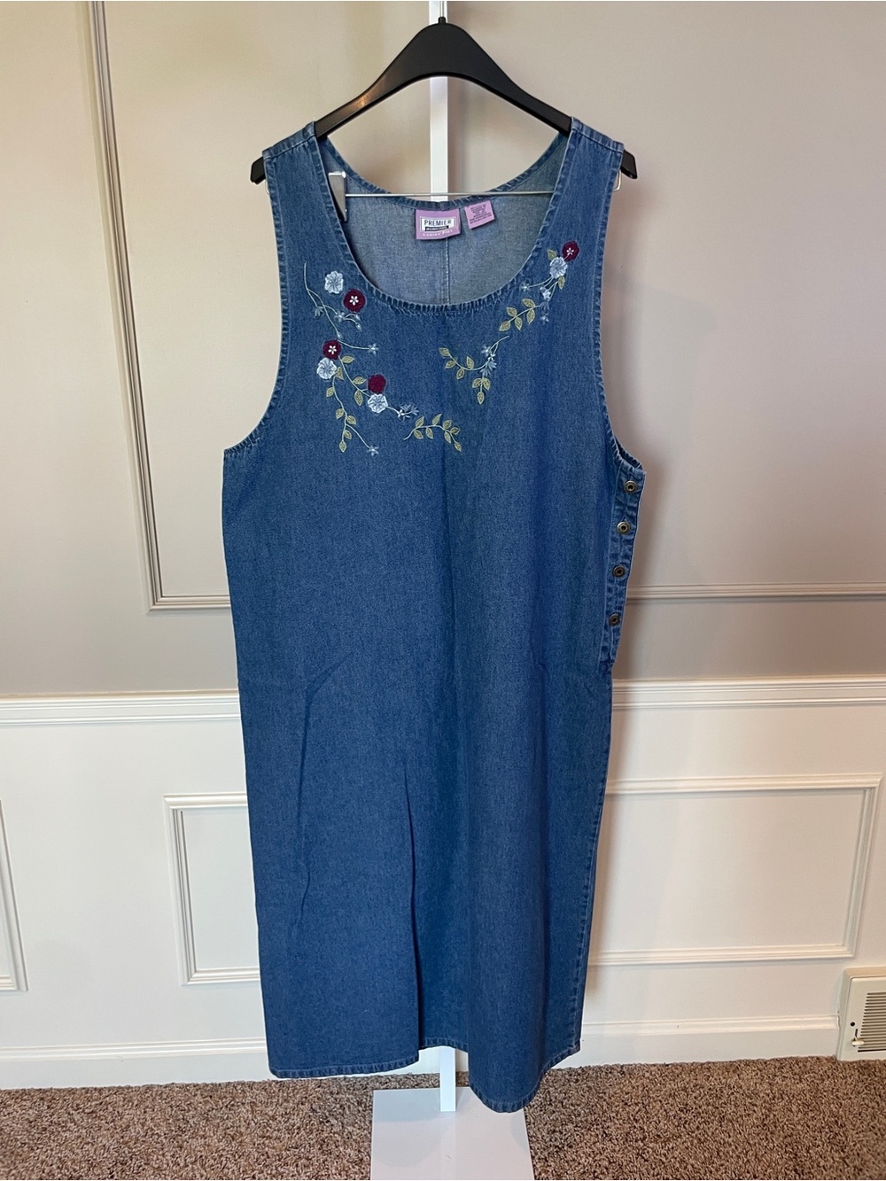 Premier International Vintage Jean Denim Dress 2X Floral Vine 90s Modest